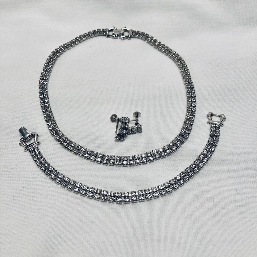 Vintage Mid-Century Rhinestone Necklace, Bracelet and earring Double Strand Set